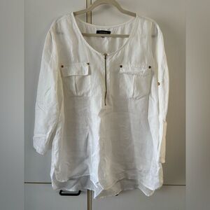 Ellen Tracy Women XL 100 % Linen White Blouse Gold Accents Adjustable Sleeves